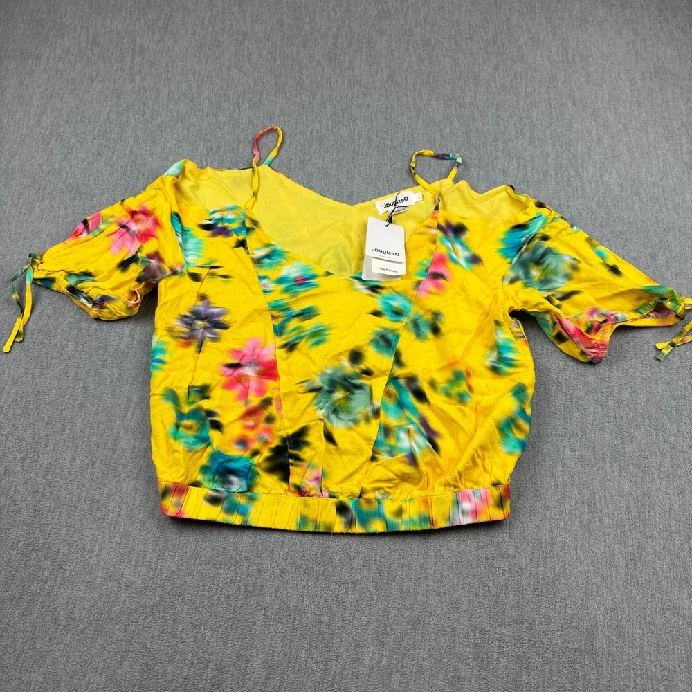 Desigual Top Womens Medium Yellow Floral Short Gathered Blouse Cropped Boho NWT